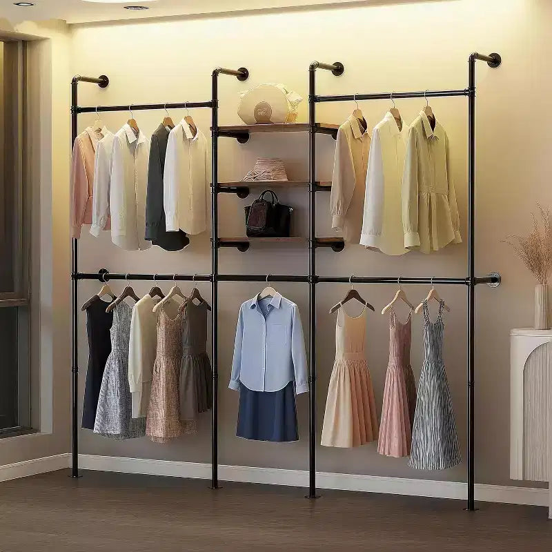 COZONY Industrial Pipe Clothes Rack w/ 3 Shelves & LED Light Bar,81 Garment Rack, Wall Mount / Free Standing, Walk-in Closet Organizer, Vintage Style