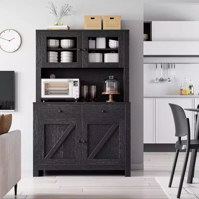 Microwave Cabinet, Particleboard Material, Black Wood Grain, for Kitchen Storage