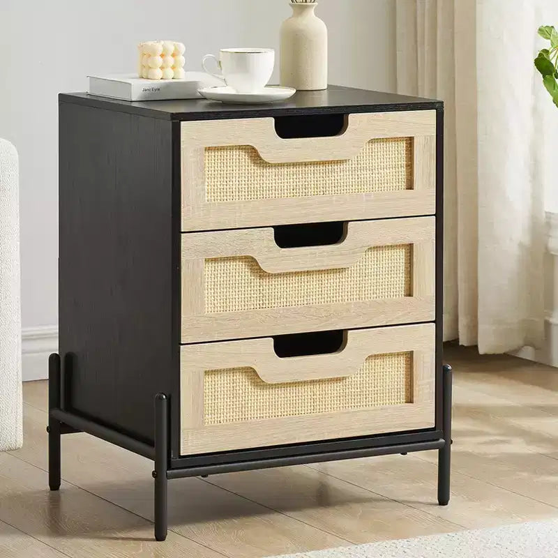 Natural/Black Rattan Nightstand Set of 2 C Boho 3-Drawer Bedside Cabinets for Bedroom/Living Room