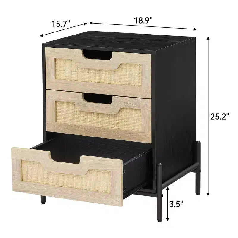 Natural/Black Rattan Nightstand Set of 2 C Boho 3-Drawer Bedside Cabinets for Bedroom/Living Room