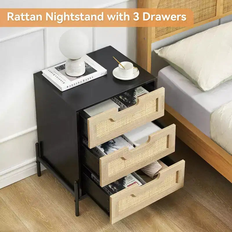 Natural/Black Rattan Nightstand Set of 2 C Boho 3-Drawer Bedside Cabinets for Bedroom/Living Room