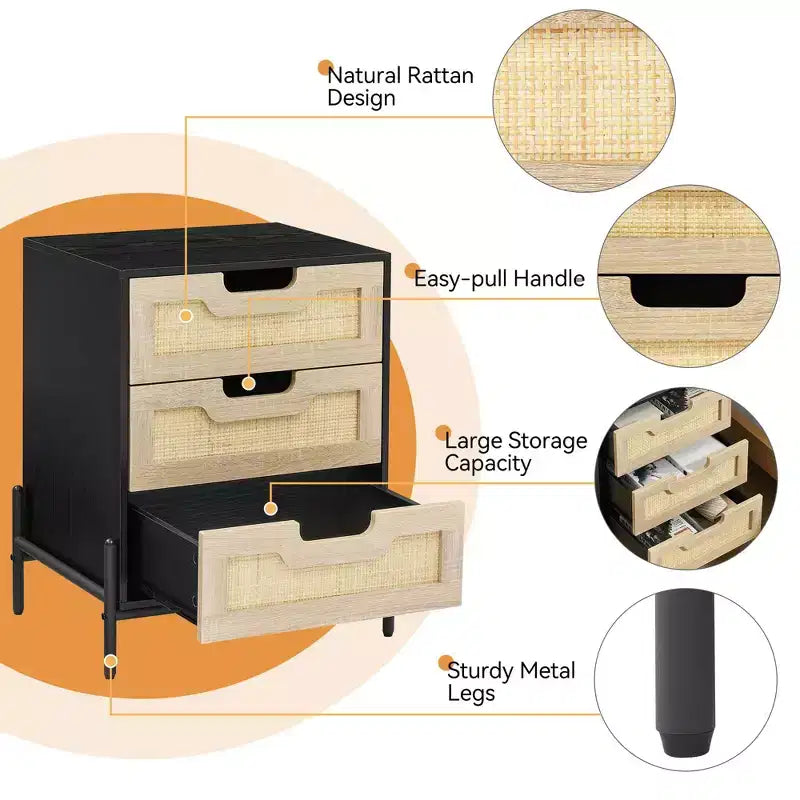 Natural/Black Rattan Nightstand Set of 2 C Boho 3-Drawer Bedside Cabinets for Bedroom/Living Room