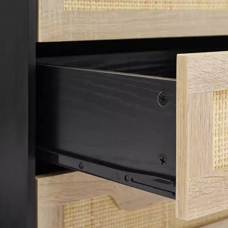 Natural/Black Rattan Nightstand Set of 2 C Boho 3-Drawer Bedside Cabinets for Bedroom/Living Room
