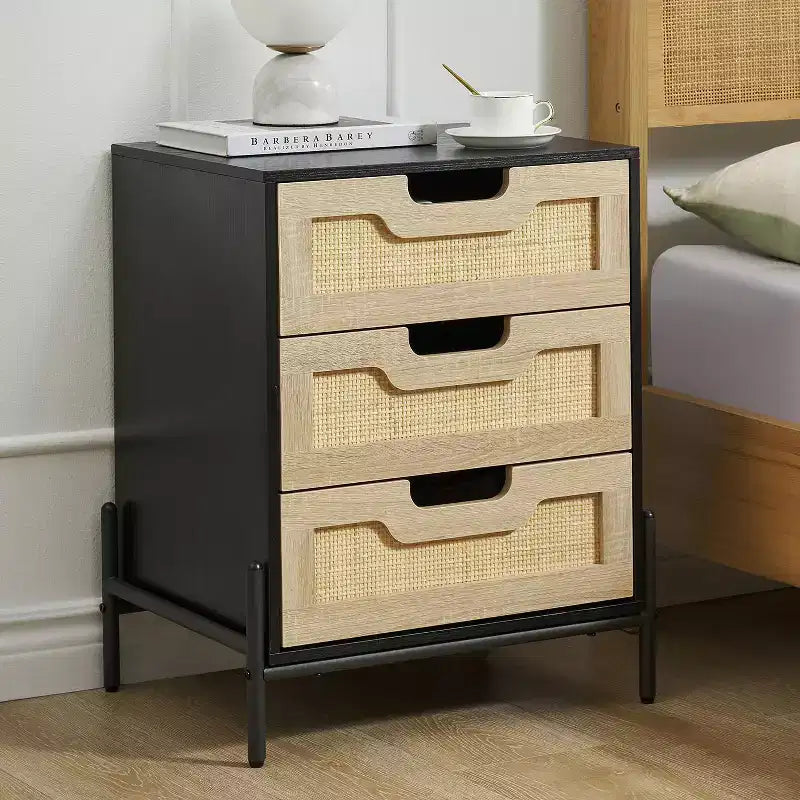 Natural/Black Rattan Nightstand Set of 2 C Boho 3-Drawer Bedside Cabinets for Bedroom/Living Room