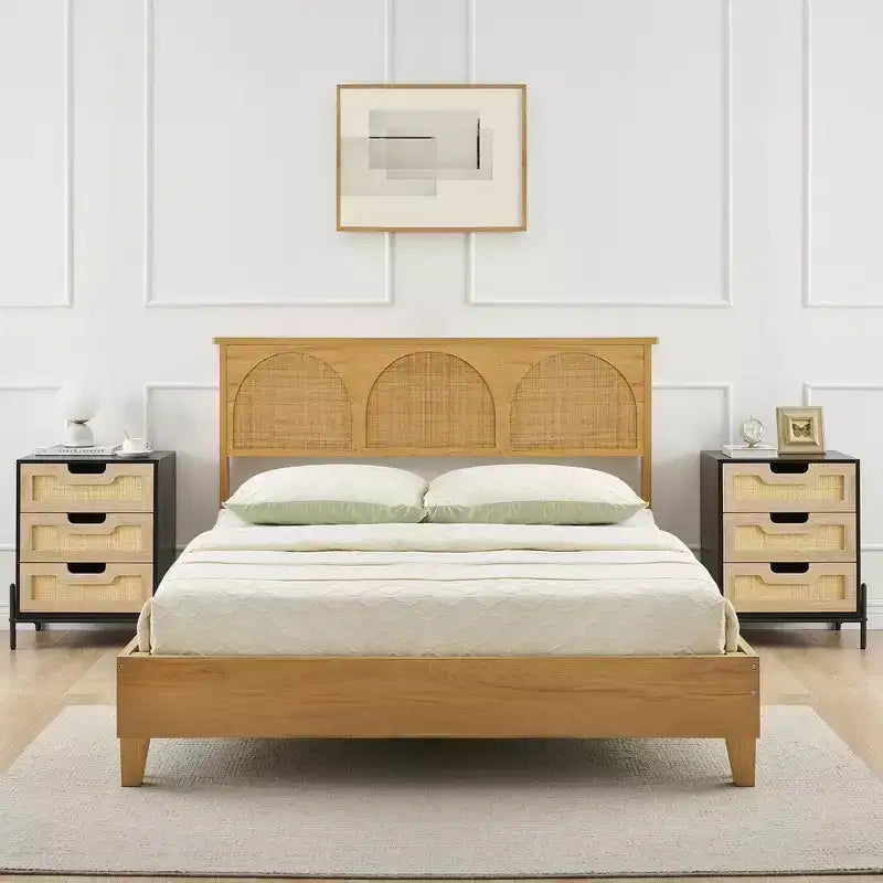 Natural/Black Rattan Nightstand Set of 2 C Boho 3-Drawer Bedside Cabinets for Bedroom/Living Room