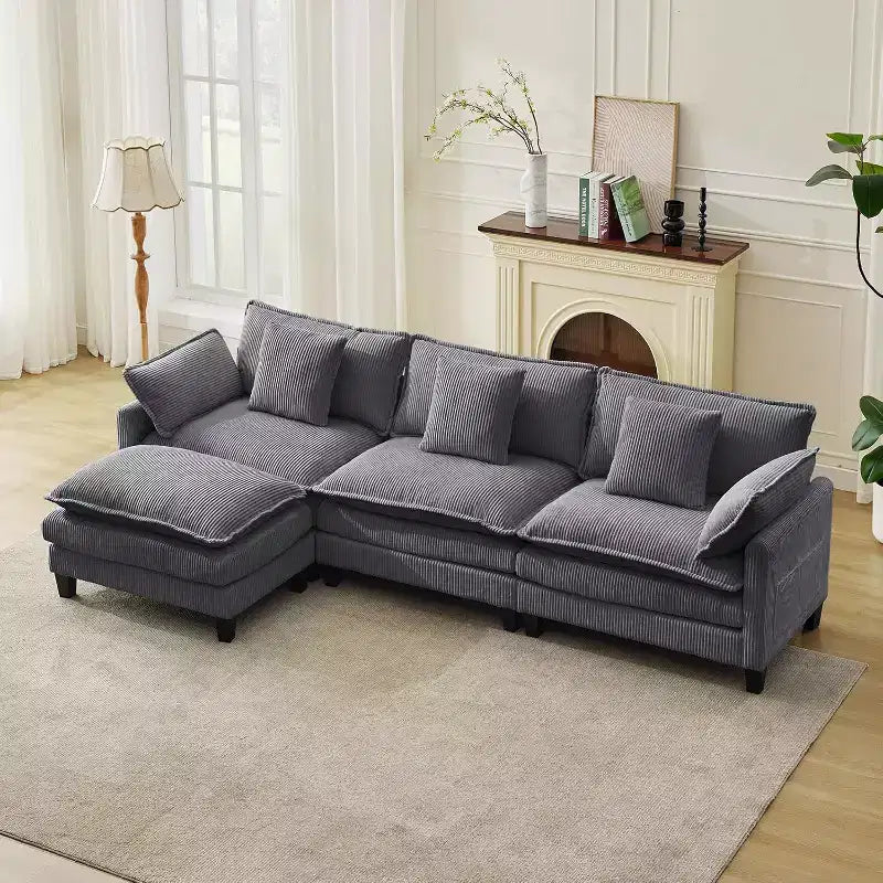 Modular Sectional Sofa 95 Sectional Cloud Couch, 4-Seat Chenille Deep Seat Sofa with Lumbar Pillow & Movable Ottoman for Living Room
