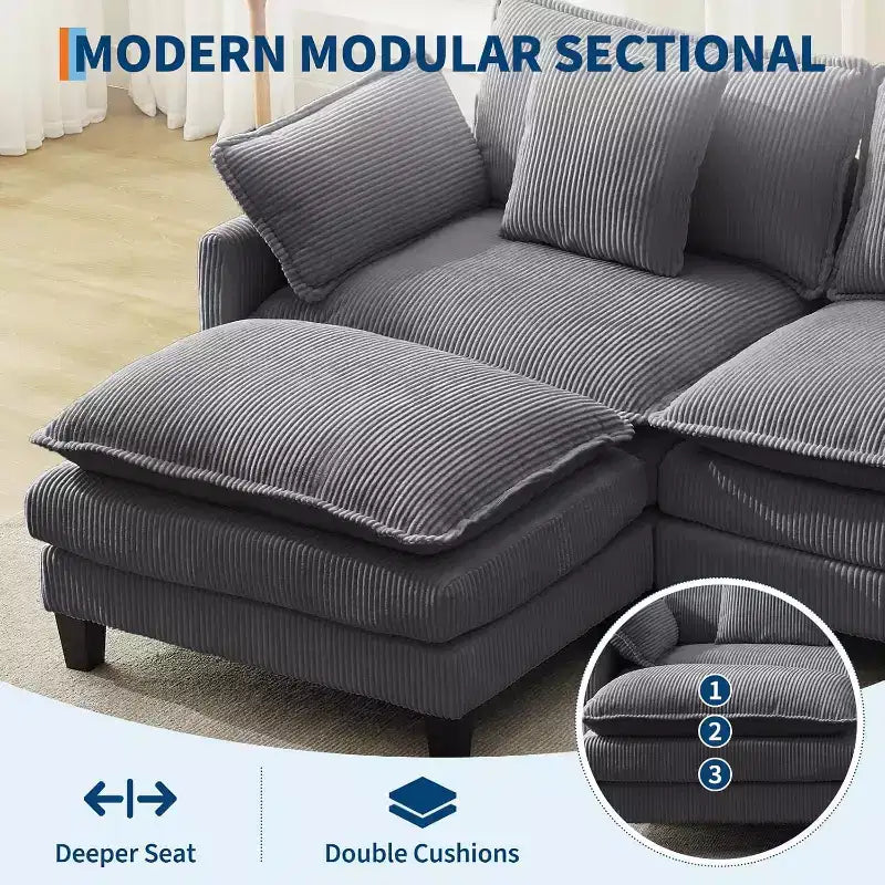 Modular Sectional Sofa 95 Sectional Cloud Couch, 4-Seat Chenille Deep Seat Sofa with Lumbar Pillow & Movable Ottoman for Living Room