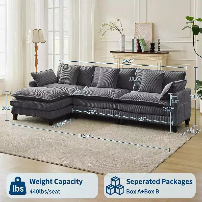 Modular Sectional Sofa 95 Sectional Cloud Couch, 4-Seat Chenille Deep Seat Sofa with Lumbar Pillow & Movable Ottoman for Living Room