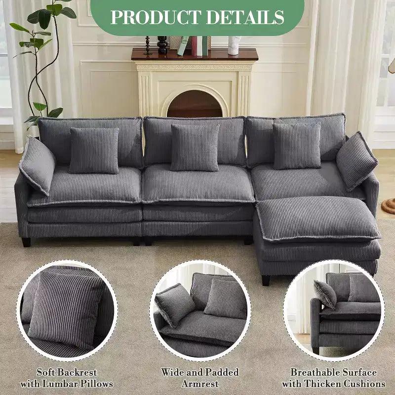 Modular Sectional Sofa 95 Sectional Cloud Couch, 4-Seat Chenille Deep Seat Sofa with Lumbar Pillow & Movable Ottoman for Living Room