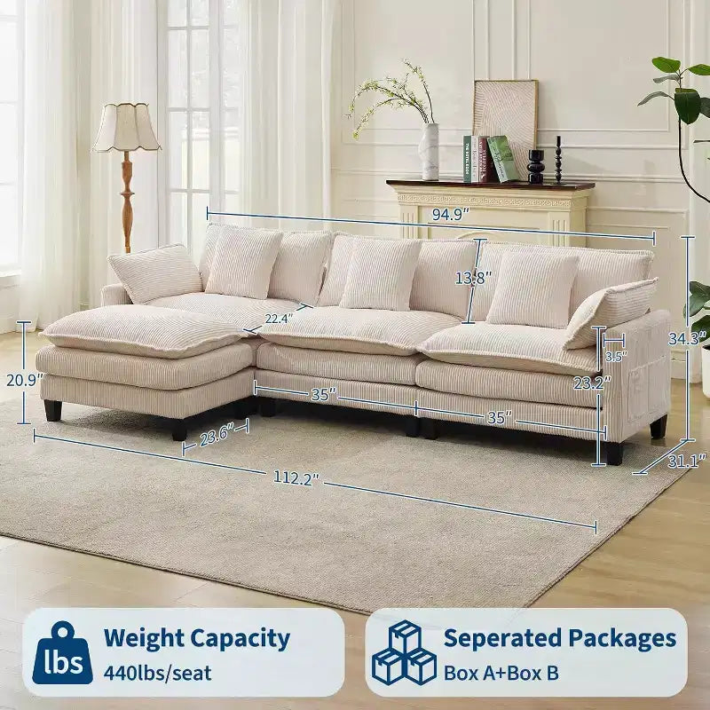 Modular Sectional Sofa 95 Sectional Cloud Couch, 4-Seat Chenille Deep Seat Sofa with Lumbar Pillow & Movable Ottoman for Living Room