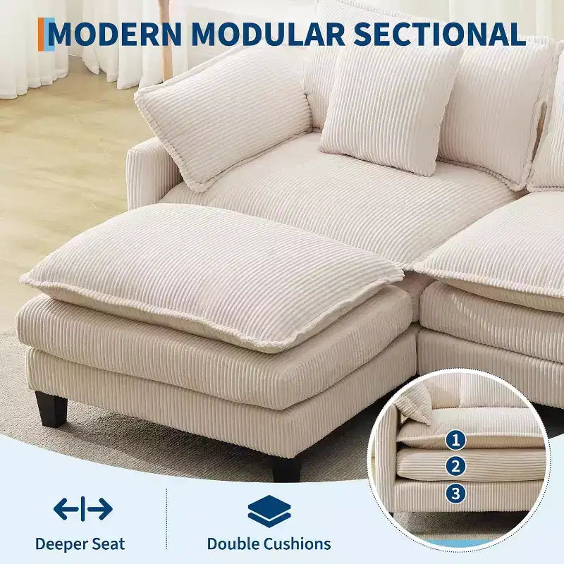 Modular Sectional Sofa 95 Sectional Cloud Couch, 4-Seat Chenille Deep Seat Sofa with Lumbar Pillow & Movable Ottoman for Living Room