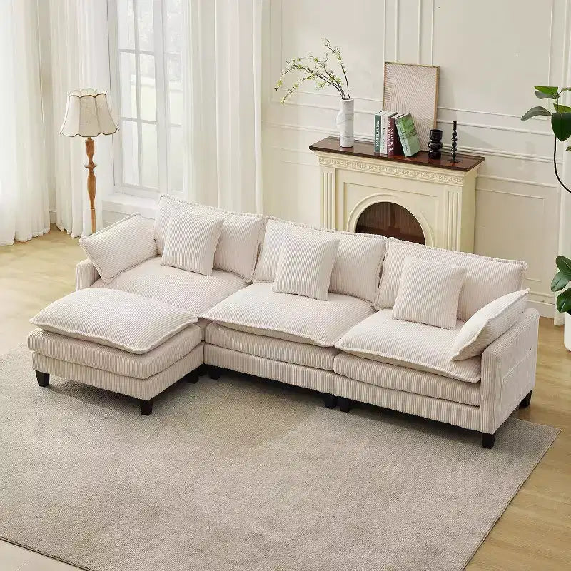 Modular Sectional Sofa 95 Sectional Cloud Couch, 4-Seat Chenille Deep Seat Sofa with Lumbar Pillow & Movable Ottoman for Living Room