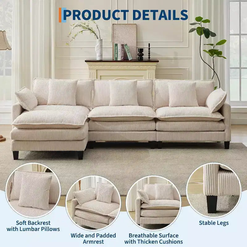 Modular Sectional Sofa 95 Sectional Cloud Couch, 4-Seat Chenille Deep Seat Sofa with Lumbar Pillow & Movable Ottoman for Living Room