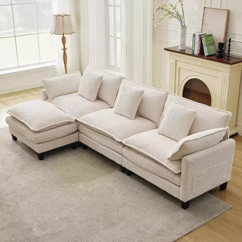 Modular Sectional Sofa 95 Sectional Cloud Couch, 4-Seat Chenille Deep Seat Sofa with Lumbar Pillow & Movable Ottoman for Living Room