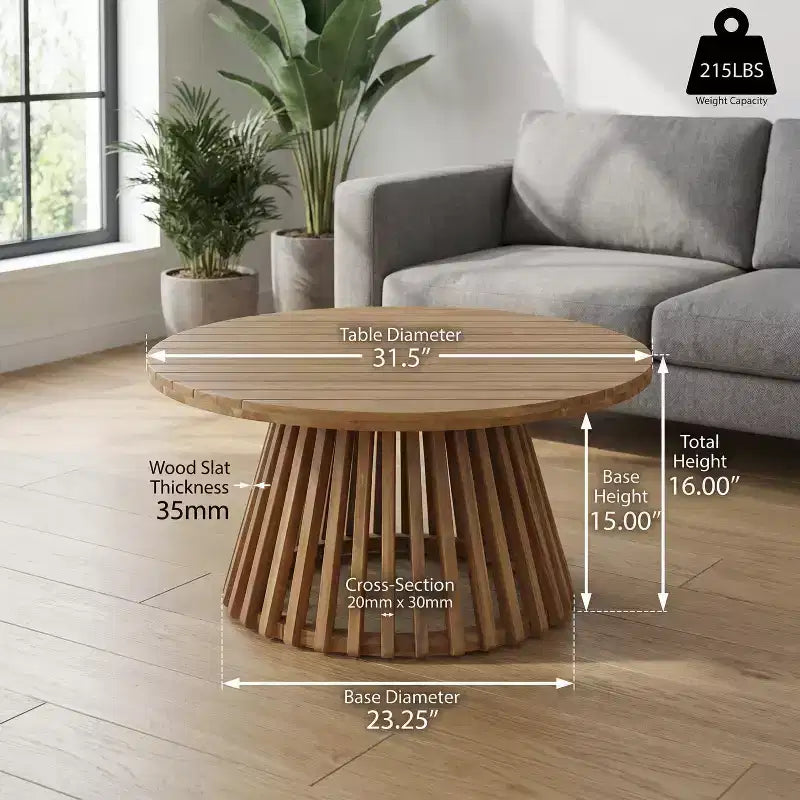 JVNOXK 31.5-inch Round Patio Side Table Ideal for Backyards, Lawns, and Balconies Coffee Table with Teak