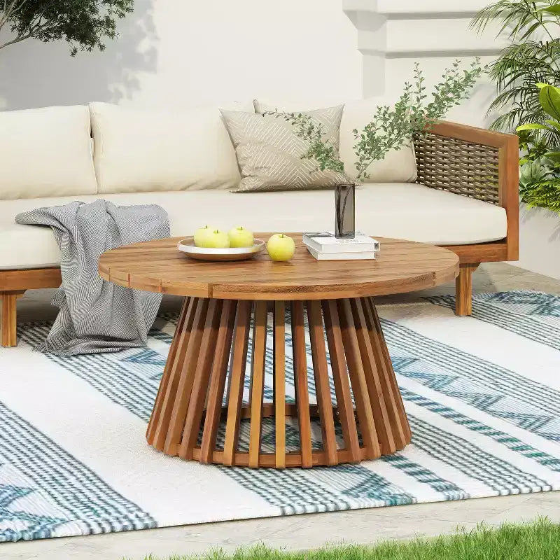 JVNOXK 31.5-inch Round Patio Side Table Ideal for Backyards, Lawns, and Balconies Coffee Table with Teak