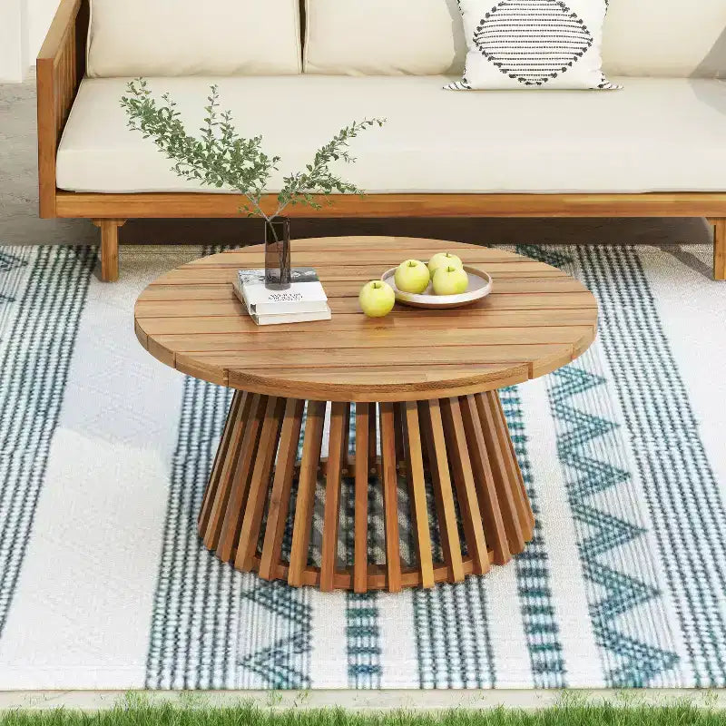 JVNOXK 31.5-inch Round Patio Side Table Ideal for Backyards, Lawns, and Balconies Coffee Table with Teak