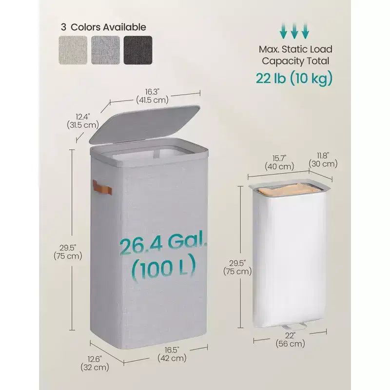 SONGMICS Laundry Basket, 26.4 Gal. Laundry Hamper, Easy Assembly, with Lid and Handles, Removable Liner, 16.5 x 12.6 x 29.5 Inches