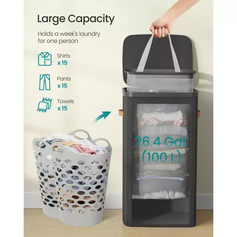 SONGMICS Laundry Basket, 26.4 Gal. Laundry Hamper, Easy Assembly, with Lid and Handles, Removable Liner, 16.5 x 12.6 x 29.5 Inches