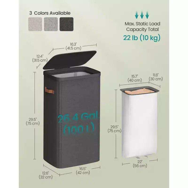 SONGMICS Laundry Basket, 26.4 Gal. Laundry Hamper, Easy Assembly, with Lid and Handles, Removable Liner, 16.5 x 12.6 x 29.5 Inches