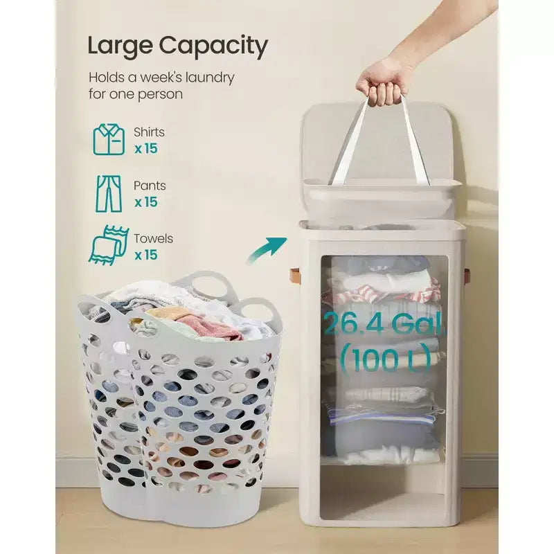 SONGMICS Laundry Basket, 26.4 Gal. Laundry Hamper, Easy Assembly, with Lid and Handles, Removable Liner, 16.5 x 12.6 x 29.5 Inches