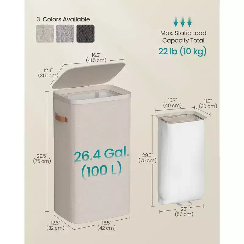 SONGMICS Laundry Basket, 26.4 Gal. Laundry Hamper, Easy Assembly, with Lid and Handles, Removable Liner, 16.5 x 12.6 x 29.5 Inches