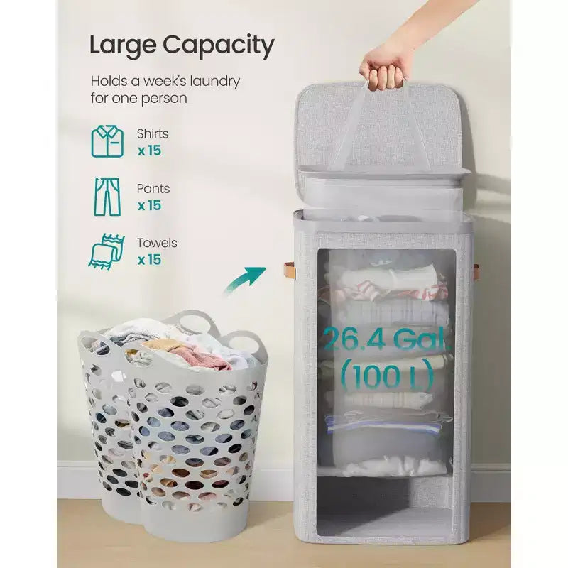 SONGMICS Laundry Basket, 26.4 Gal. Laundry Hamper, Easy Assembly, with Lid and Handles, Removable Liner, 16.5 x 12.6 x 29.5 Inches