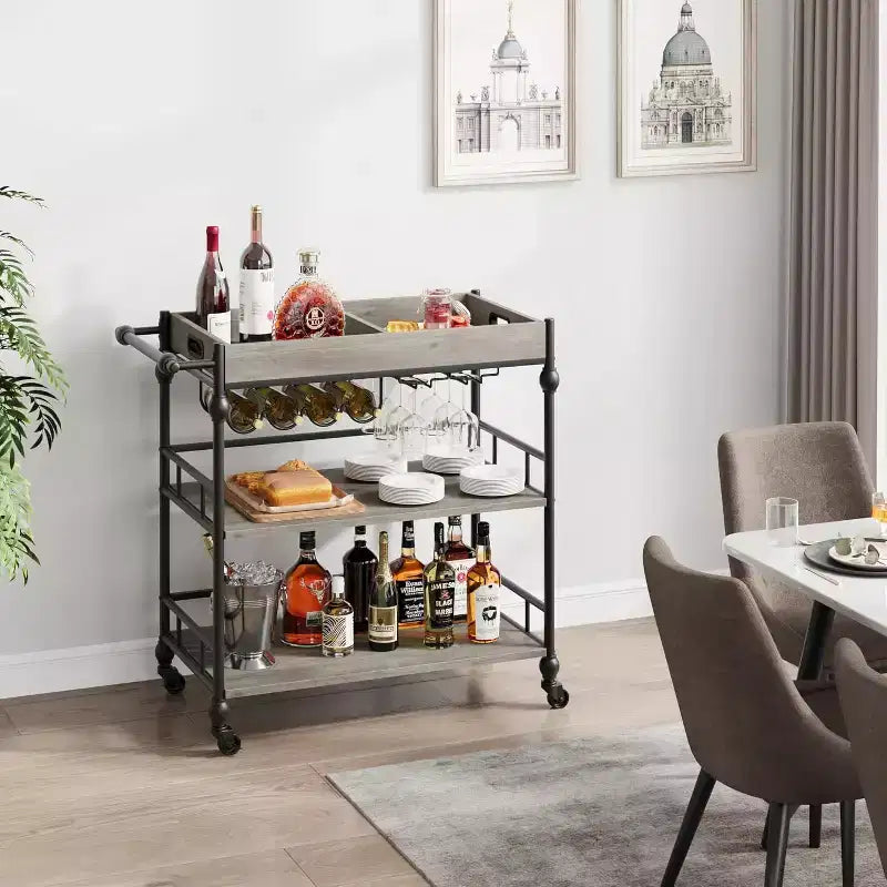 Roman Column Serving Cart, MDF & Iron Material, Retro Color, for Kitchen & Dining Area