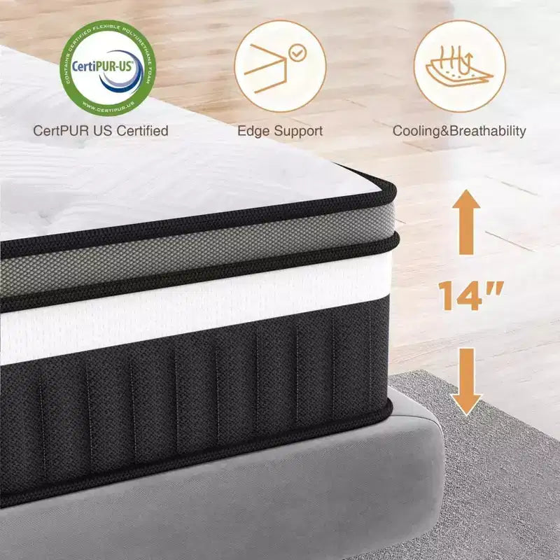 Mattress on Sale: 14 King Hybrid Mattress in a Box, Gel Memory Foam+Pocketed Coils, Cooling, Medium, Pressure Relief, Motion Isolation, CertiPUR-US