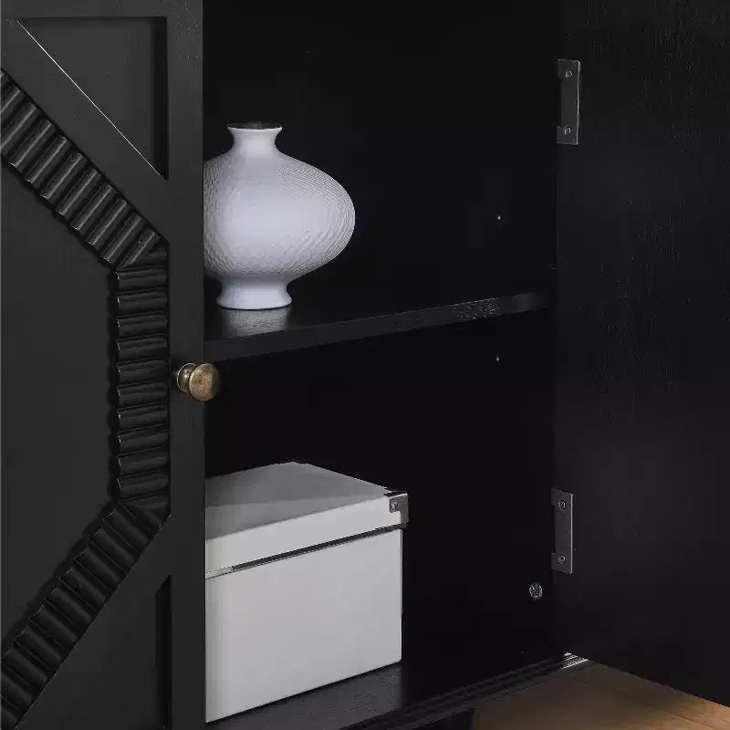 VIYET 34 Retro Mid-Century Cabinets, Black MDF Cabinet w/ Adjustable Shelf & Brass Handles, Multi-Scene Use
