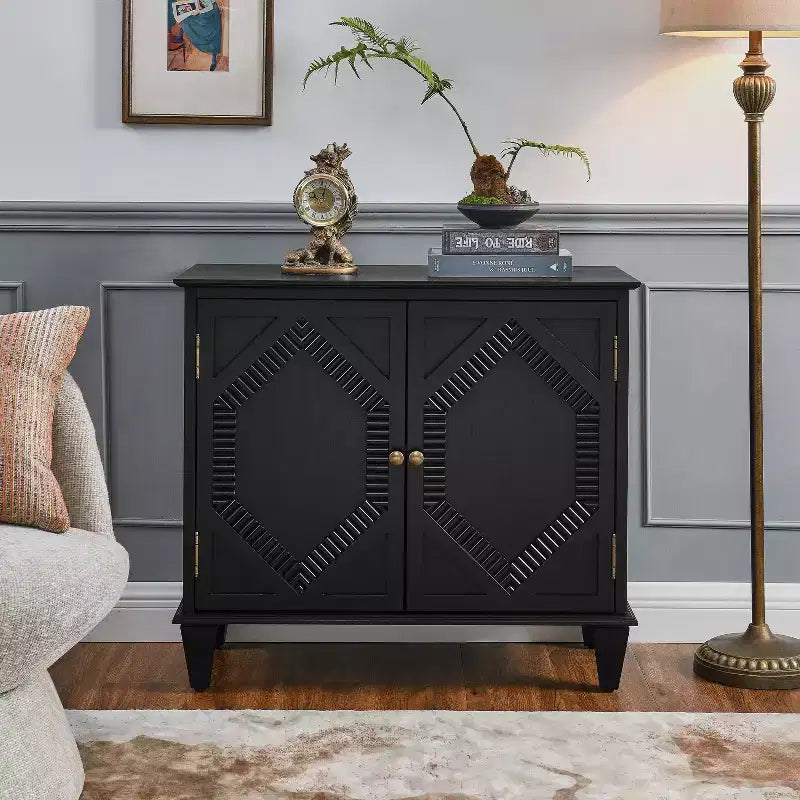 VIYET 34 Retro Mid-Century Cabinets, Black MDF Cabinet w/ Adjustable Shelf & Brass Handles, Multi-Scene Use