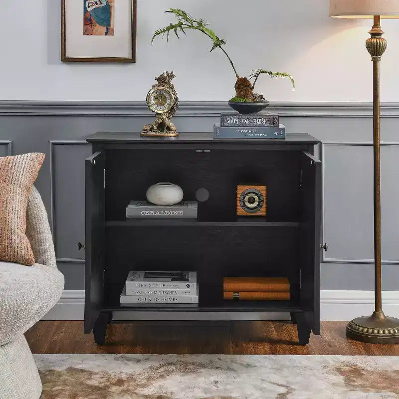 VIYET 34 Retro Mid-Century Cabinets, Black MDF Cabinet w/ Adjustable Shelf & Brass Handles, Multi-Scene Use