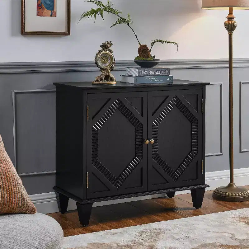 VIYET 34 Retro Mid-Century Cabinets, Black MDF Cabinet w/ Adjustable Shelf & Brass Handles, Multi-Scene Use