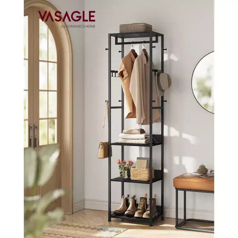 VASAGLE Coat Rack, Freestanding Hall Tree with Shelves,Hanging Rail,and Hooks,Space-Saving Coat Stand,Steel Frame