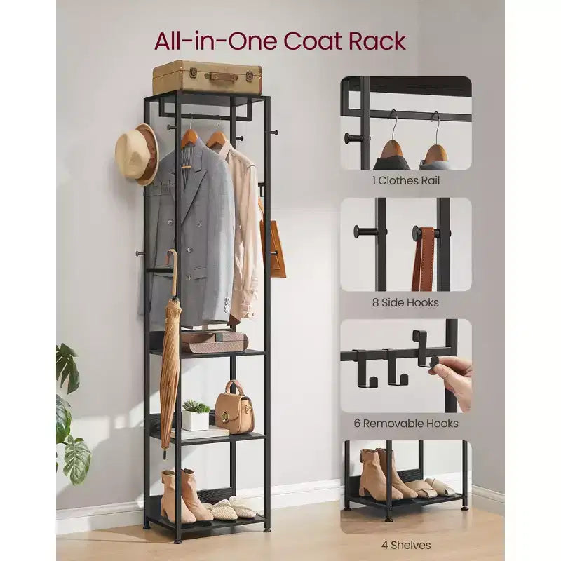 VASAGLE Coat Rack, Freestanding Hall Tree with Shelves,Hanging Rail,and Hooks,Space-Saving Coat Stand,Steel Frame