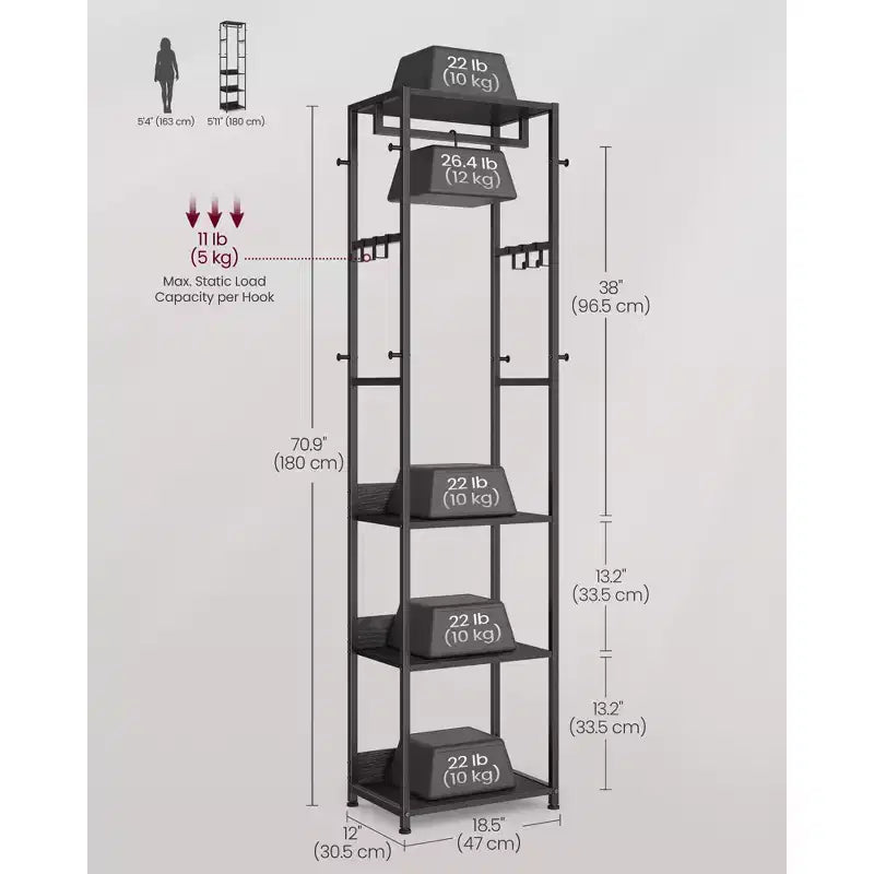 VASAGLE Coat Rack, Freestanding Hall Tree with Shelves,Hanging Rail,and Hooks,Space-Saving Coat Stand,Steel Frame