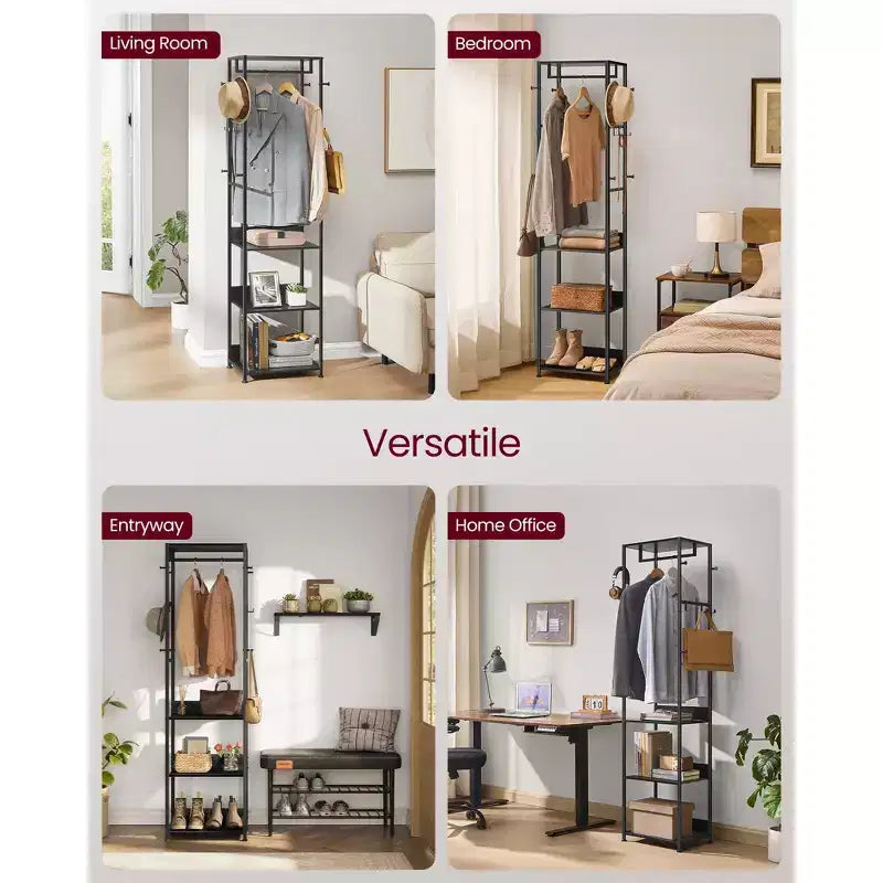 VASAGLE Coat Rack, Freestanding Hall Tree with Shelves,Hanging Rail,and Hooks,Space-Saving Coat Stand,Steel Frame