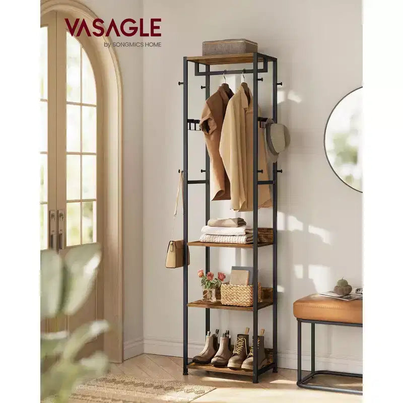 VASAGLE Coat Rack, Freestanding Hall Tree with Shelves,Hanging Rail,and Hooks,Space-Saving Coat Stand,Steel Frame
