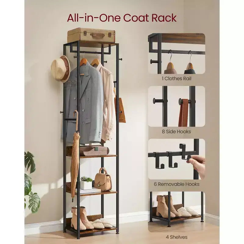 VASAGLE Coat Rack, Freestanding Hall Tree with Shelves,Hanging Rail,and Hooks,Space-Saving Coat Stand,Steel Frame