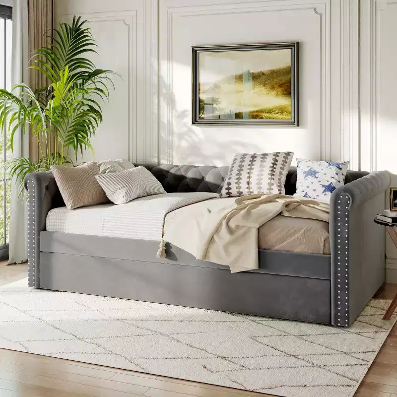 Christopher Knight Home Upholstered Tufted Button Velvet Daybed with Trundle