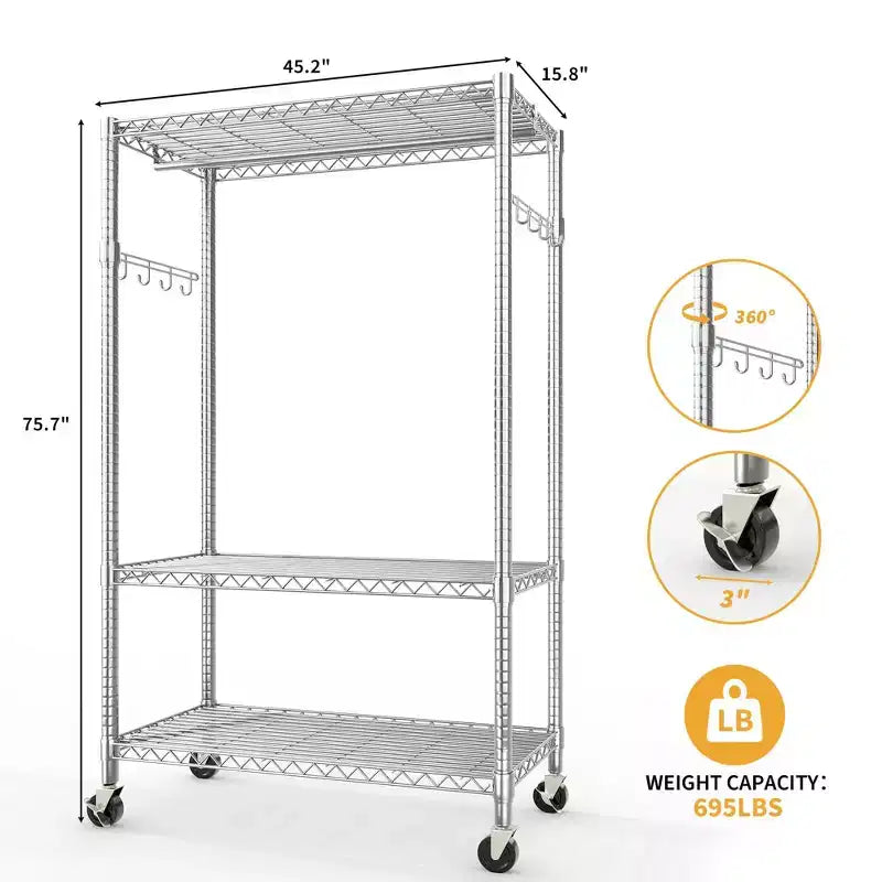3 Tier Clothes Rack with Wheels, Heavy Duty Garment Rack with 2 Hanging Rod, Freestanding Closet Organizer for Bedroom Living Room