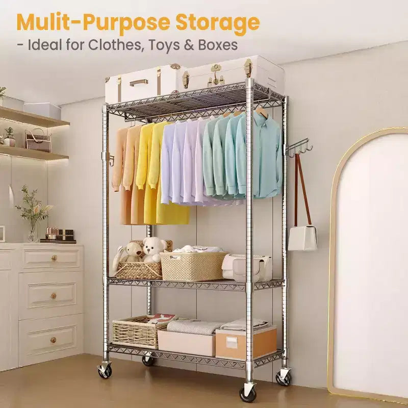 3 Tier Clothes Rack with Wheels, Heavy Duty Garment Rack with 2 Hanging Rod, Freestanding Closet Organizer for Bedroom Living Room