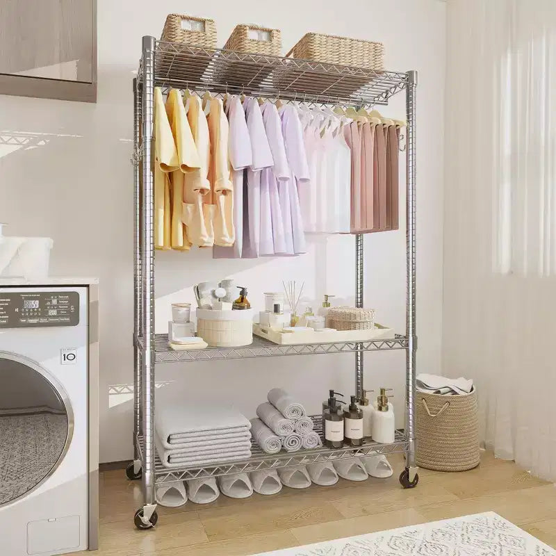 3 Tier Clothes Rack with Wheels, Heavy Duty Garment Rack with 2 Hanging Rod, Freestanding Closet Organizer for Bedroom Living Room