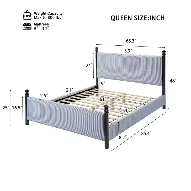 Queen/King Size Upholstered Platform Bed Frame with Padded Headboard, Sturdy Rubberwood Frame & Striped Design,Black + Blue White Stripes - ModernLuxe