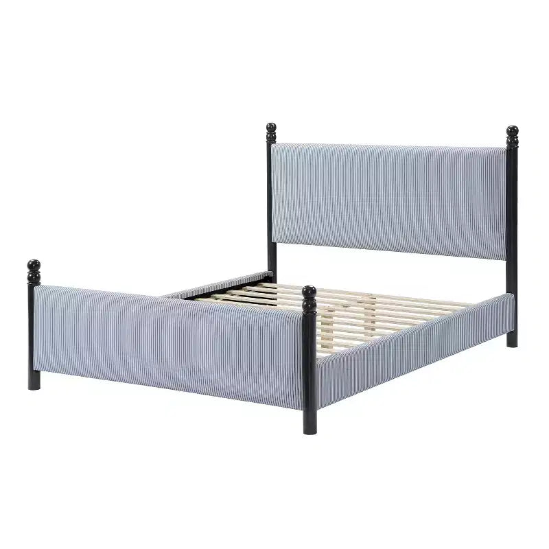 Queen/King Size Upholstered Platform Bed Frame with Padded Headboard, Sturdy Rubberwood Frame & Striped Design,Black + Blue White Stripes - ModernLuxe