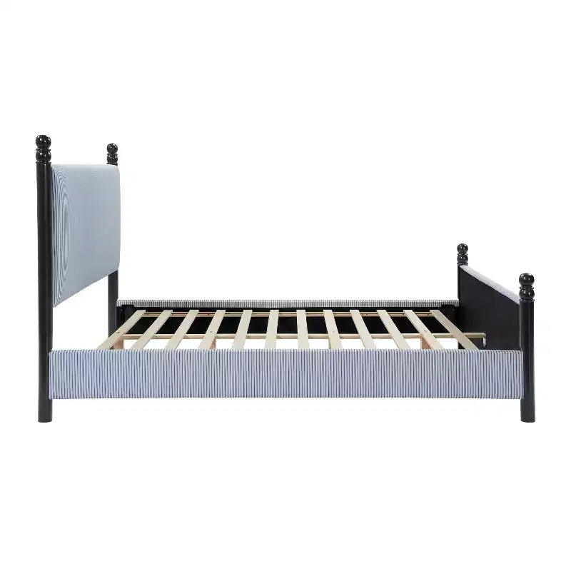 Queen/King Size Upholstered Platform Bed Frame with Padded Headboard, Sturdy Rubberwood Frame & Striped Design,Black + Blue White Stripes - ModernLuxe