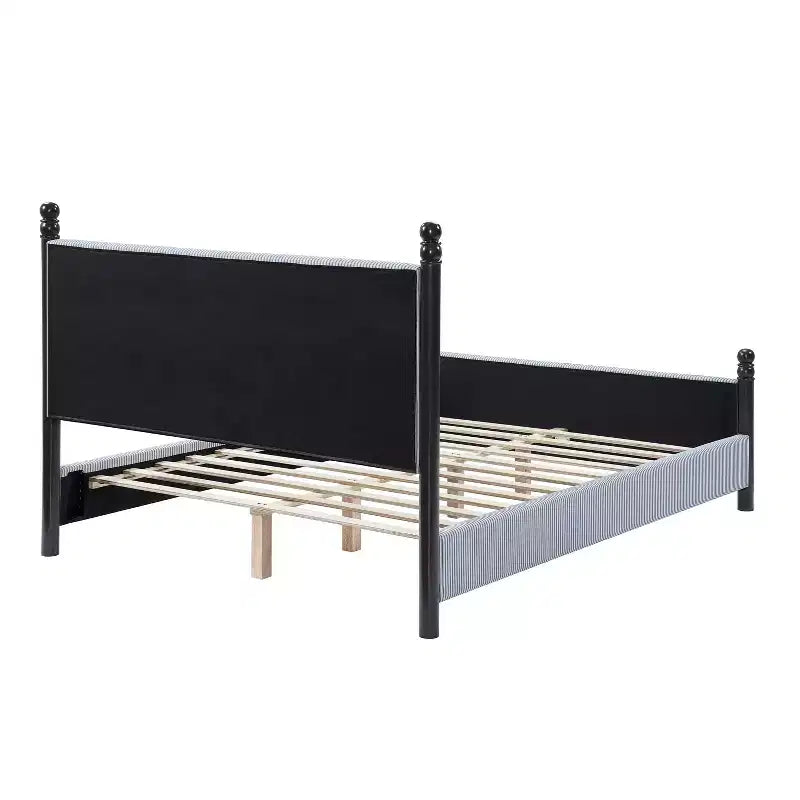 Queen/King Size Upholstered Platform Bed Frame with Padded Headboard, Sturdy Rubberwood Frame & Striped Design,Black + Blue White Stripes - ModernLuxe