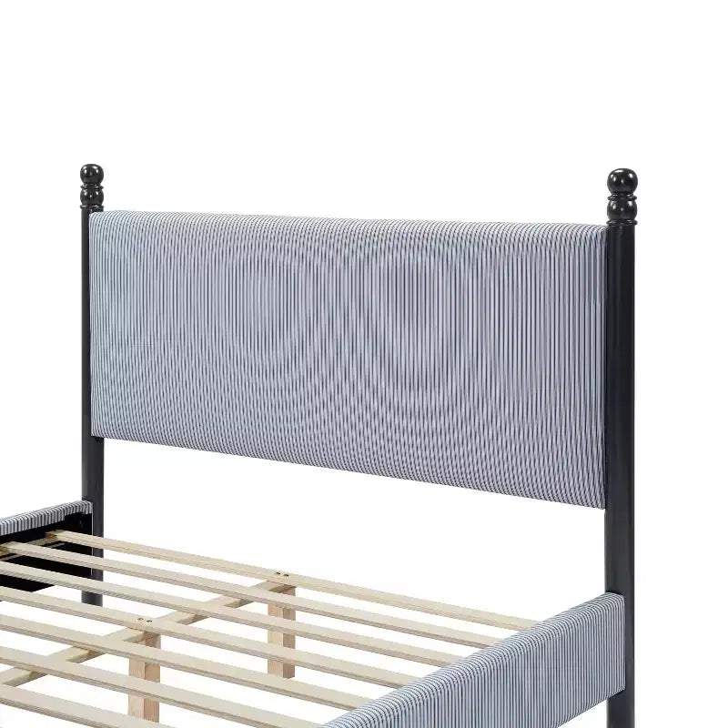Queen/King Size Upholstered Platform Bed Frame with Padded Headboard, Sturdy Rubberwood Frame & Striped Design,Black + Blue White Stripes - ModernLuxe