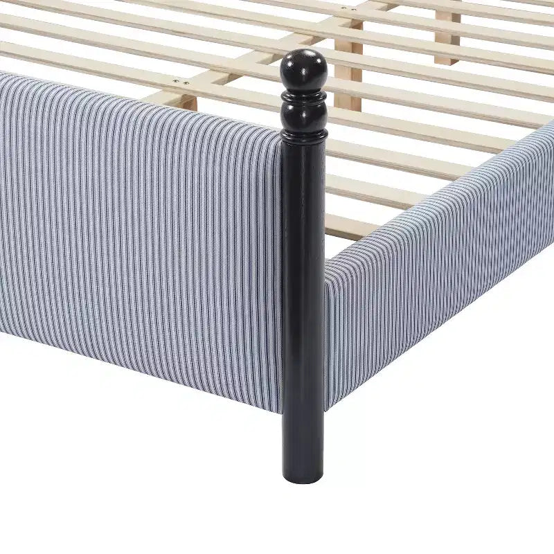 Queen/King Size Upholstered Platform Bed Frame with Padded Headboard, Sturdy Rubberwood Frame & Striped Design,Black + Blue White Stripes - ModernLuxe
