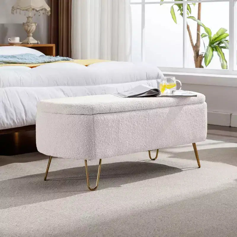 Storage Bench Ottoman, Faux Velvet Upholstered with Safety Hinge & Metal Feet, for Bedroom, Entryway, Living Room, Ivory
